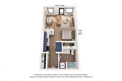 Floor plan for 1 bed, 1 bath, 496 sqft